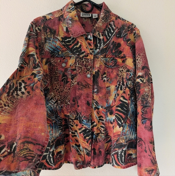 Vintage Chico's Design Colorful Animal Print Linen/Cotton Jacket sz XL Southwest - Picture 2 of 8